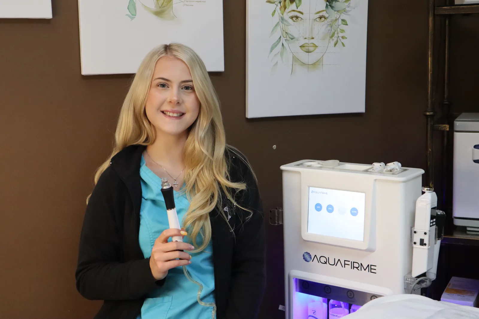 Aesthetician Gracen with the AquaFirme 4-in-1 machine at Premier Beauty Medical Aesthetics