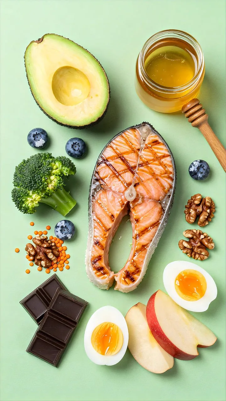 Protein-rich foods that support hair health — salmon, eggs, avocado, nuts, and greens