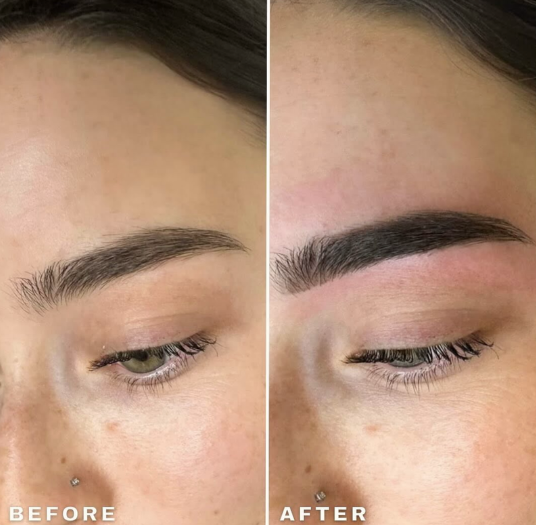 Brow shaping and tinting before and after showing enhanced brow definition